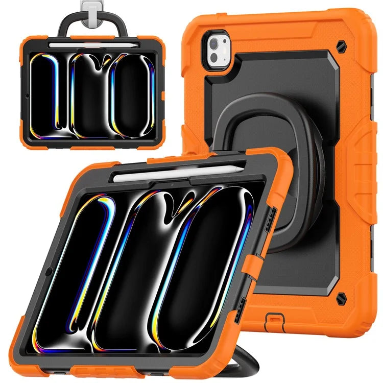 For iPad Pro 11 (2024) Case Hand Grip Kickstand Pen Slot PC+Silicone Tablet Cover with Strap