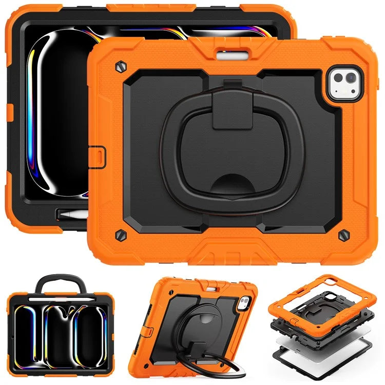 For iPad Pro 11 (2024) Case Hand Grip Kickstand Pen Slot PC+Silicone Tablet Cover with Strap