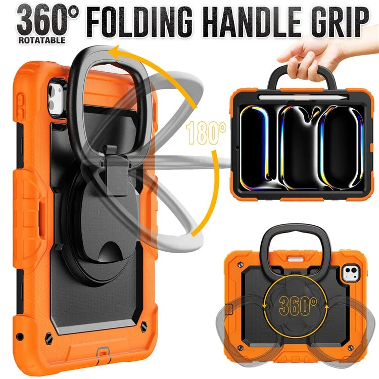 For iPad Pro 11 (2024) Case Hand Grip Kickstand Pen Slot PC+Silicone Tablet Cover with Strap