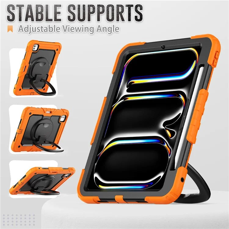 For iPad Pro 11 (2024) Case Hand Grip Kickstand Pen Slot PC+Silicone Tablet Cover with Strap