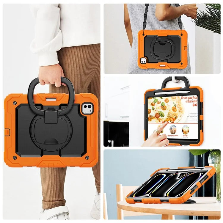 For iPad Pro 11 (2024) Case Hand Grip Kickstand Pen Slot PC+Silicone Tablet Cover with Strap