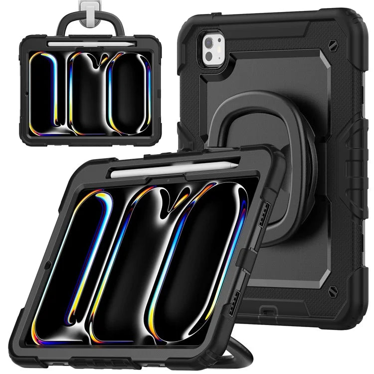 For iPad Pro 11 (2024) Case Hand Grip Kickstand Pen Slot PC+Silicone Tablet Cover with Strap