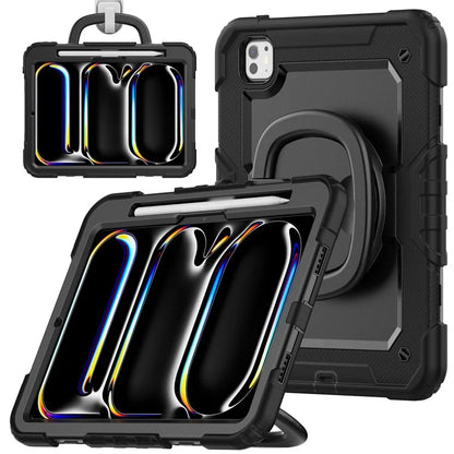 For iPad Pro 11 (2024) Case Hand Grip Kickstand Pen Slot PC+Silicone Tablet Cover with Strap