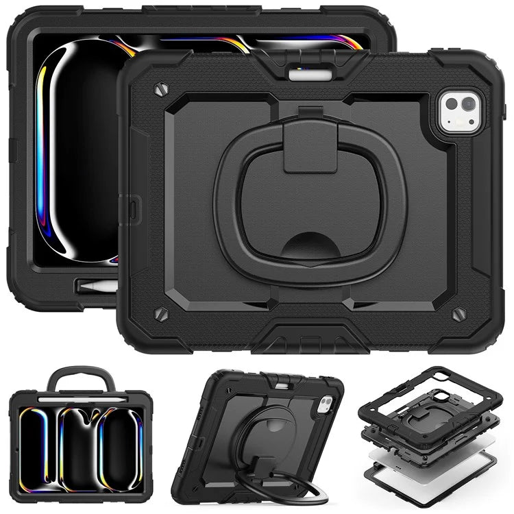 For iPad Pro 11 (2024) Case Hand Grip Kickstand Pen Slot PC+Silicone Tablet Cover with Strap
