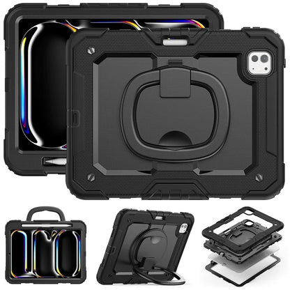 For iPad Pro 11 (2024) Case Hand Grip Kickstand Pen Slot PC+Silicone Tablet Cover with Strap
