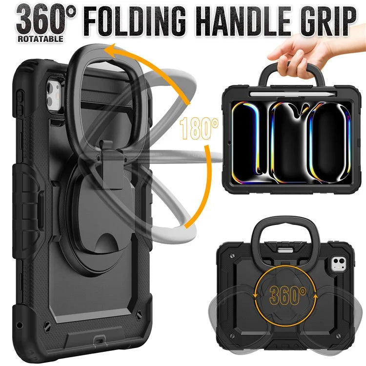 For iPad Pro 11 (2024) Case Hand Grip Kickstand Pen Slot PC+Silicone Tablet Cover with Strap