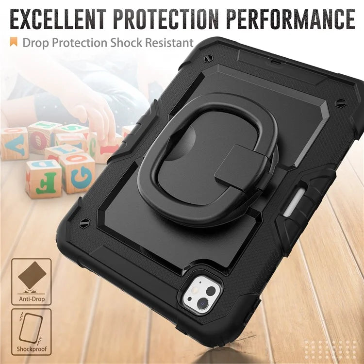 For iPad Pro 11 (2024) Case Hand Grip Kickstand Pen Slot PC+Silicone Tablet Cover with Strap