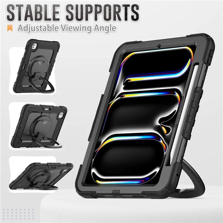 For iPad Pro 11 (2024) Case Hand Grip Kickstand Pen Slot PC+Silicone Tablet Cover with Strap