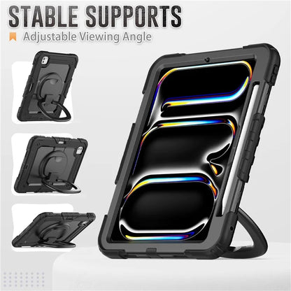For iPad Pro 11 (2024) Case Hand Grip Kickstand Pen Slot PC+Silicone Tablet Cover with Strap