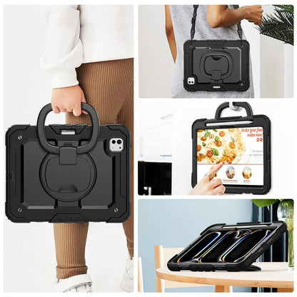 For iPad Pro 11 (2024) Case Hand Grip Kickstand Pen Slot PC+Silicone Tablet Cover with Strap