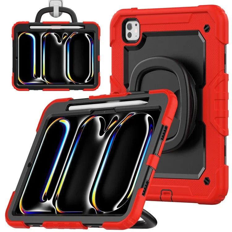For iPad Pro 11 (2024) Case Hand Grip Kickstand Pen Slot PC+Silicone Tablet Cover with Strap