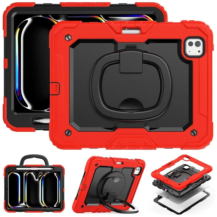 For iPad Pro 11 (2024) Case Hand Grip Kickstand Pen Slot PC+Silicone Tablet Cover with Strap