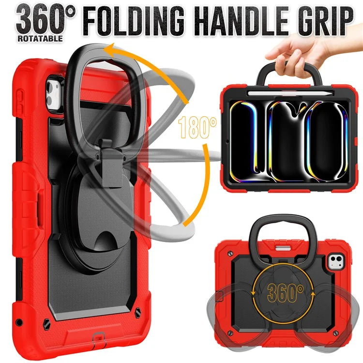 For iPad Pro 11 (2024) Case Hand Grip Kickstand Pen Slot PC+Silicone Tablet Cover with Strap