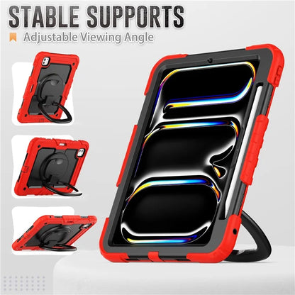 For iPad Pro 11 (2024) Case Hand Grip Kickstand Pen Slot PC+Silicone Tablet Cover with Strap