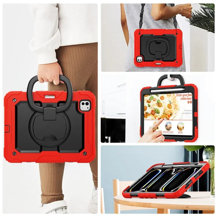For iPad Pro 11 (2024) Case Hand Grip Kickstand Pen Slot PC+Silicone Tablet Cover with Strap