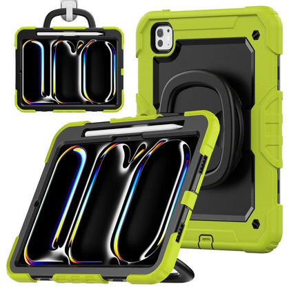 For iPad Pro 11 (2024) Case Hand Grip Kickstand Pen Slot PC+Silicone Tablet Cover with Strap