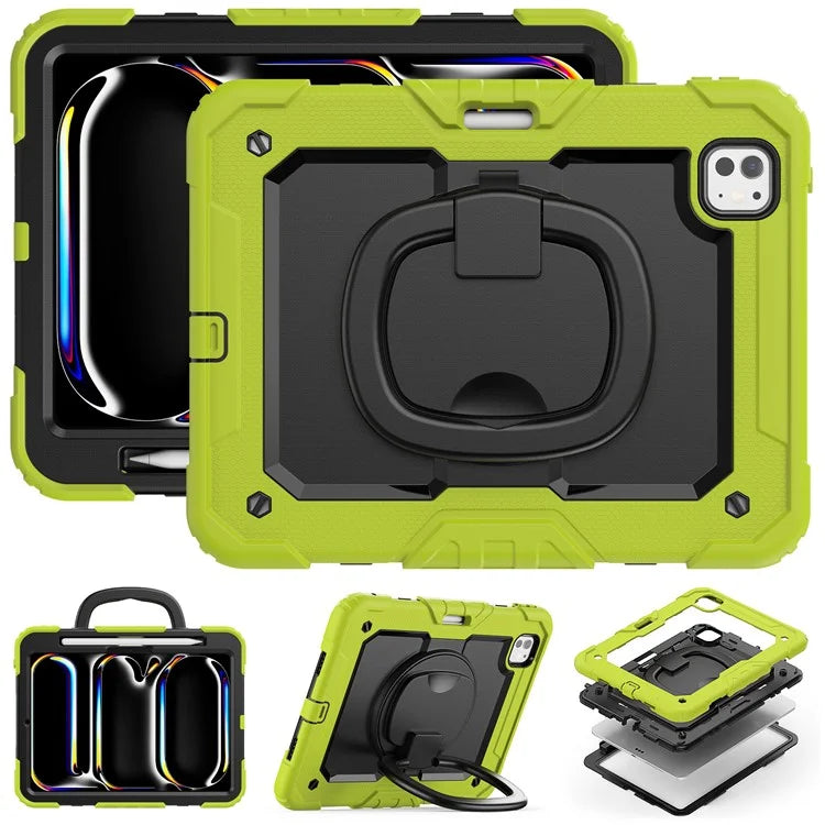 For iPad Pro 11 (2024) Case Hand Grip Kickstand Pen Slot PC+Silicone Tablet Cover with Strap