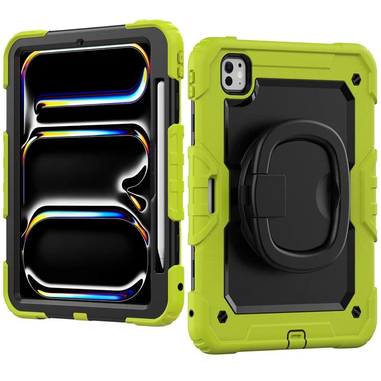 For iPad Pro 11 (2024) Case Hand Grip Kickstand Pen Slot PC+Silicone Tablet Cover with Strap