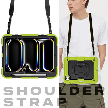 For iPad Pro 11 (2024) Case Hand Grip Kickstand Pen Slot PC+Silicone Tablet Cover with Strap