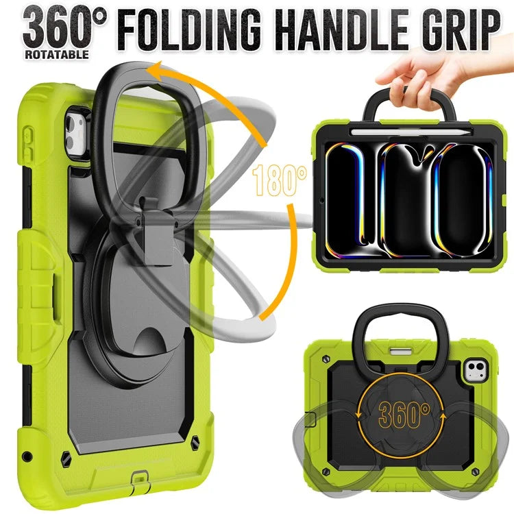 For iPad Pro 11 (2024) Case Hand Grip Kickstand Pen Slot PC+Silicone Tablet Cover with Strap