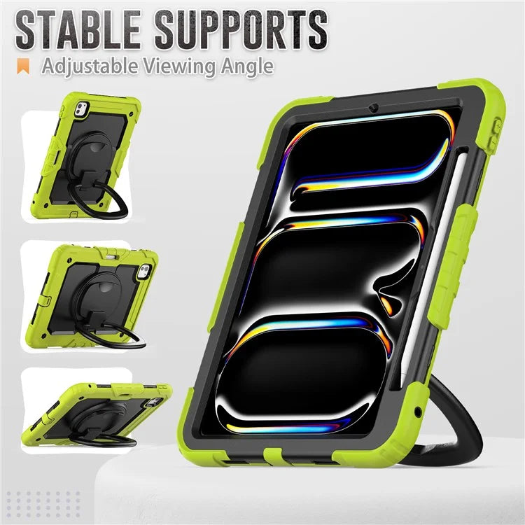 For iPad Pro 11 (2024) Case Hand Grip Kickstand Pen Slot PC+Silicone Tablet Cover with Strap