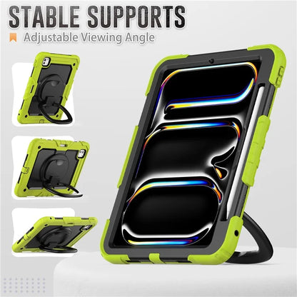 For iPad Pro 11 (2024) Case Hand Grip Kickstand Pen Slot PC+Silicone Tablet Cover with Strap