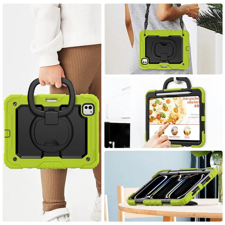 For iPad Pro 11 (2024) Case Hand Grip Kickstand Pen Slot PC+Silicone Tablet Cover with Strap