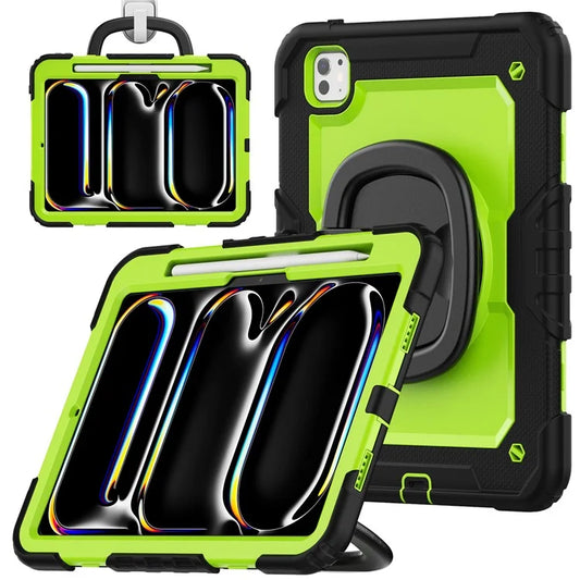 For iPad Pro 11 (2024) Case Hand Grip Kickstand Pen Slot PC+Silicone Tablet Cover with Strap / Black