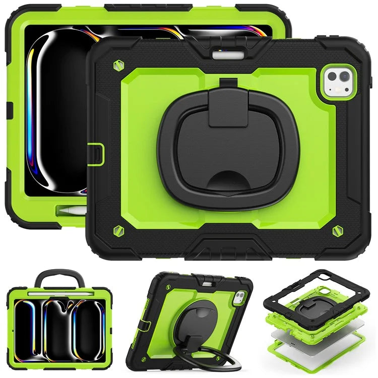 For iPad Pro 11 (2024) Case Hand Grip Kickstand Pen Slot PC+Silicone Tablet Cover with Strap / Black
