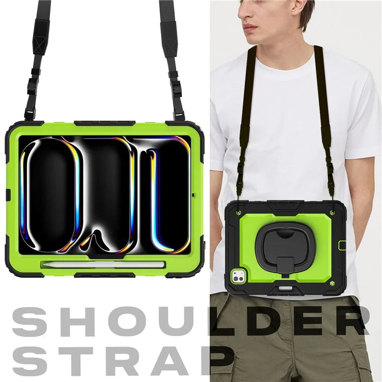For iPad Pro 11 (2024) Case Hand Grip Kickstand Pen Slot PC+Silicone Tablet Cover with Strap / Black