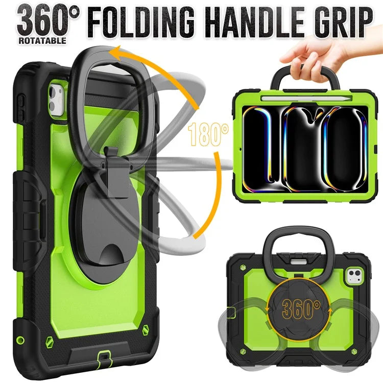 For iPad Pro 11 (2024) Case Hand Grip Kickstand Pen Slot PC+Silicone Tablet Cover with Strap / Black