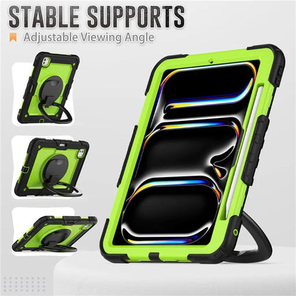 For iPad Pro 11 (2024) Case Hand Grip Kickstand Pen Slot PC+Silicone Tablet Cover with Strap / Black