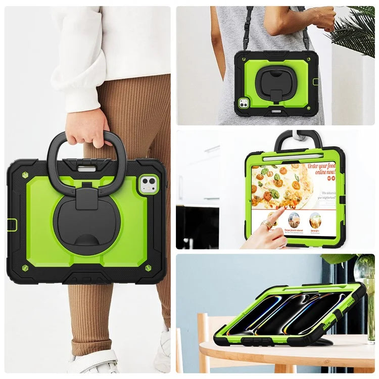 For iPad Pro 11 (2024) Case Hand Grip Kickstand Pen Slot PC+Silicone Tablet Cover with Strap / Black