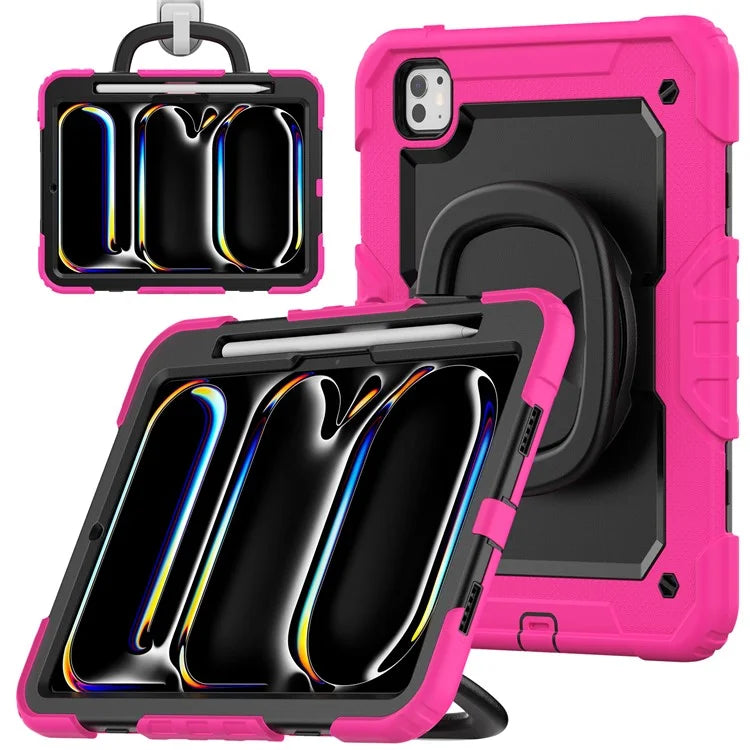 For iPad Pro 11 (2024) Case Hand Grip Kickstand Pen Slot PC+Silicone Tablet Cover with Strap