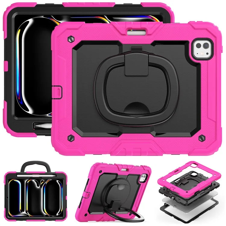 For iPad Pro 11 (2024) Case Hand Grip Kickstand Pen Slot PC+Silicone Tablet Cover with Strap