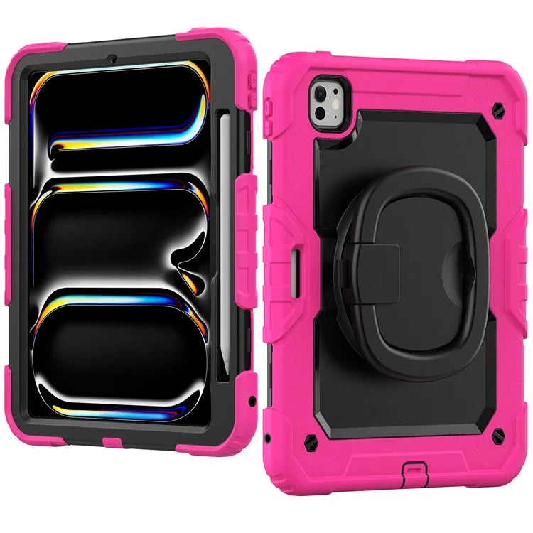 For iPad Pro 11 (2024) Case Hand Grip Kickstand Pen Slot PC+Silicone Tablet Cover with Strap