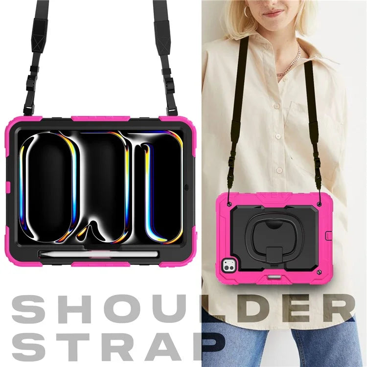 For iPad Pro 11 (2024) Case Hand Grip Kickstand Pen Slot PC+Silicone Tablet Cover with Strap