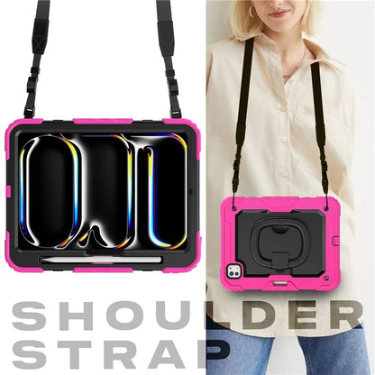 For iPad Pro 11 (2024) Case Hand Grip Kickstand Pen Slot PC+Silicone Tablet Cover with Strap
