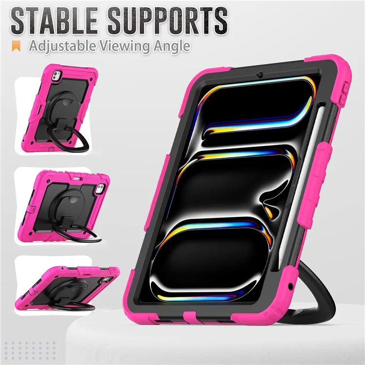 For iPad Pro 11 (2024) Case Hand Grip Kickstand Pen Slot PC+Silicone Tablet Cover with Strap