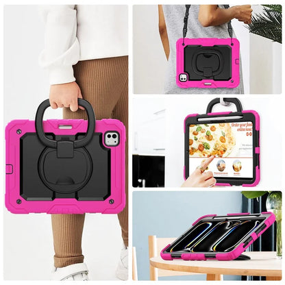 For iPad Pro 11 (2024) Case Hand Grip Kickstand Pen Slot PC+Silicone Tablet Cover with Strap