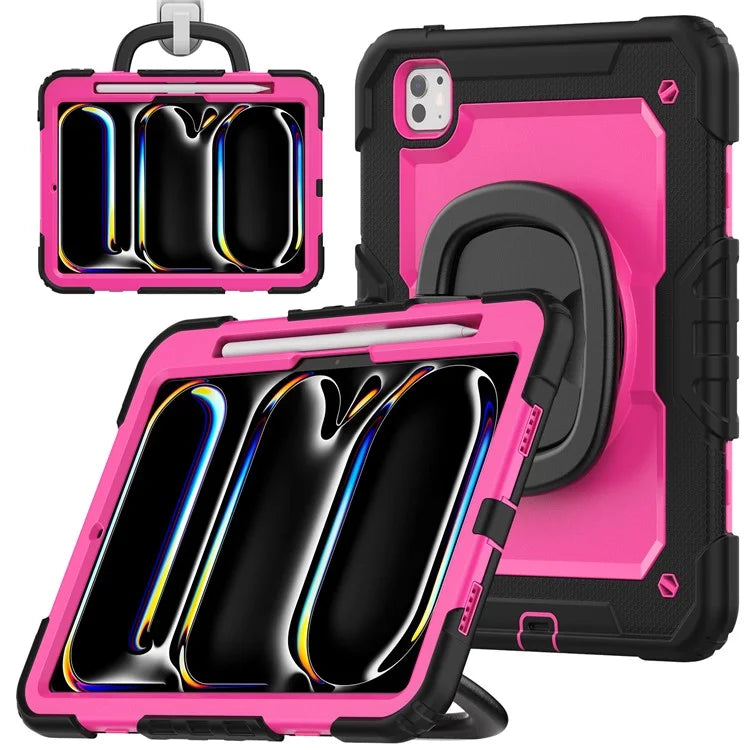 For iPad Pro 11 (2024) Case Hand Grip Kickstand Pen Slot PC+Silicone Tablet Cover with Strap / Black