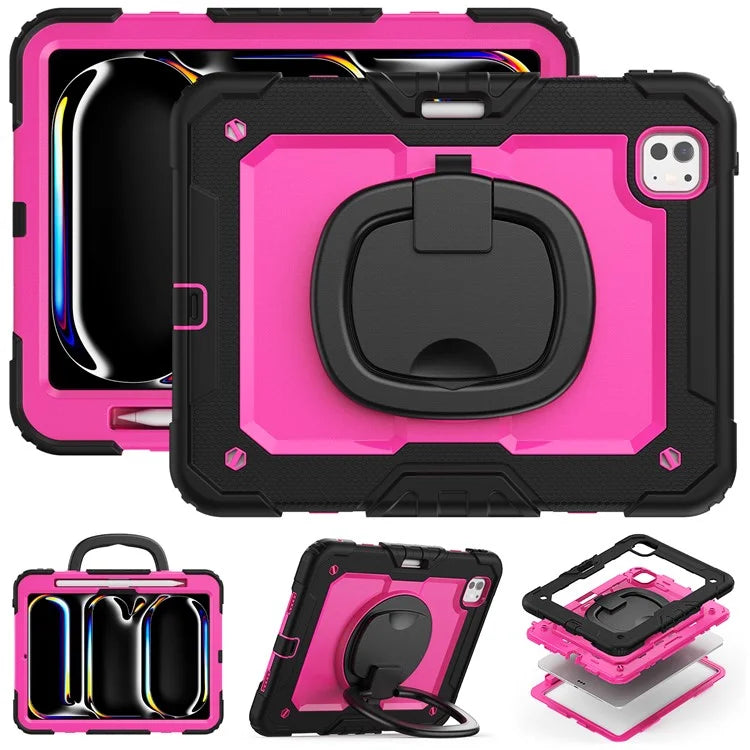 For iPad Pro 11 (2024) Case Hand Grip Kickstand Pen Slot PC+Silicone Tablet Cover with Strap / Black