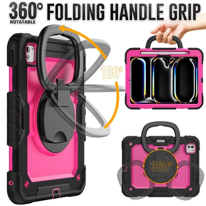 For iPad Pro 11 (2024) Case Hand Grip Kickstand Pen Slot PC+Silicone Tablet Cover with Strap / Black