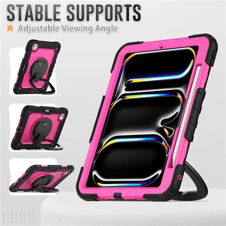 For iPad Pro 11 (2024) Case Hand Grip Kickstand Pen Slot PC+Silicone Tablet Cover with Strap / Black