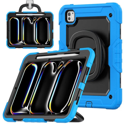 For iPad Pro 11 (2024) Case Hand Grip Kickstand Pen Slot PC+Silicone Tablet Cover with Strap