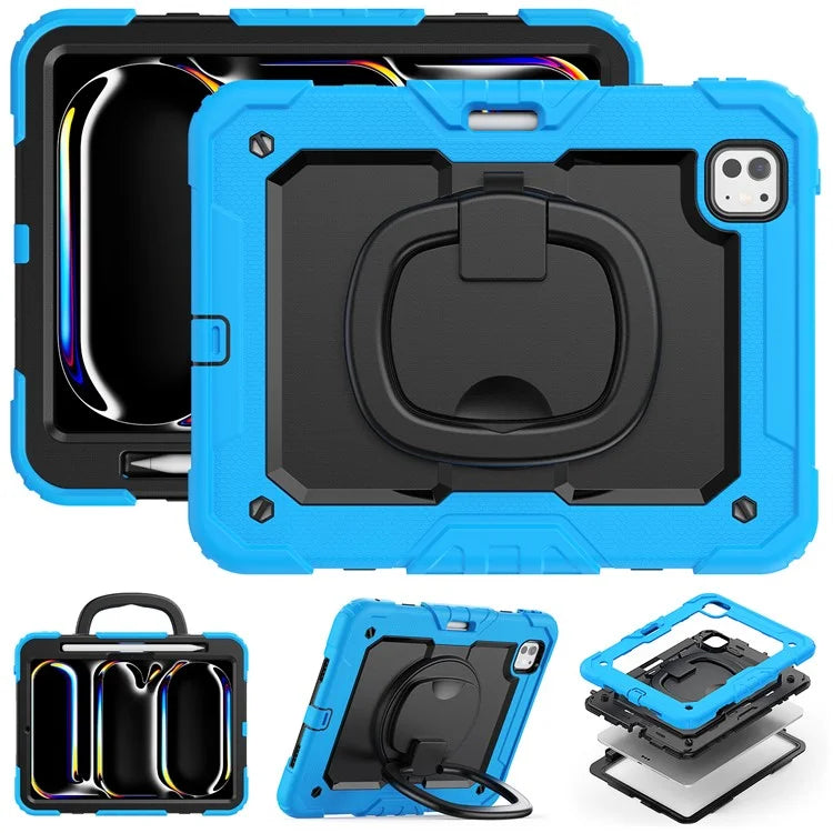 For iPad Pro 11 (2024) Case Hand Grip Kickstand Pen Slot PC+Silicone Tablet Cover with Strap