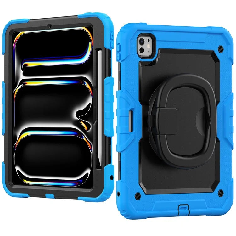 For iPad Pro 11 (2024) Case Hand Grip Kickstand Pen Slot PC+Silicone Tablet Cover with Strap