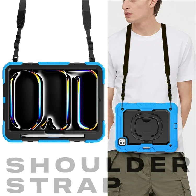 For iPad Pro 11 (2024) Case Hand Grip Kickstand Pen Slot PC+Silicone Tablet Cover with Strap