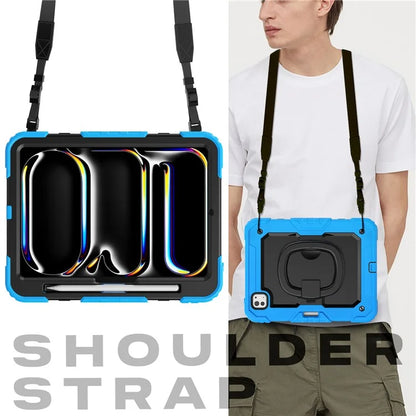 For iPad Pro 11 (2024) Case Hand Grip Kickstand Pen Slot PC+Silicone Tablet Cover with Strap