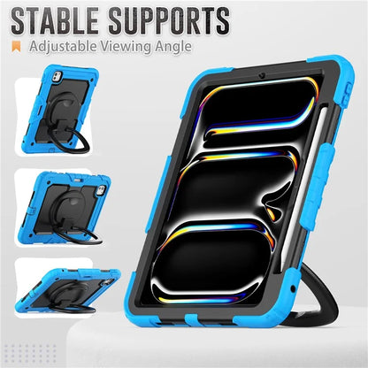 For iPad Pro 11 (2024) Case Hand Grip Kickstand Pen Slot PC+Silicone Tablet Cover with Strap